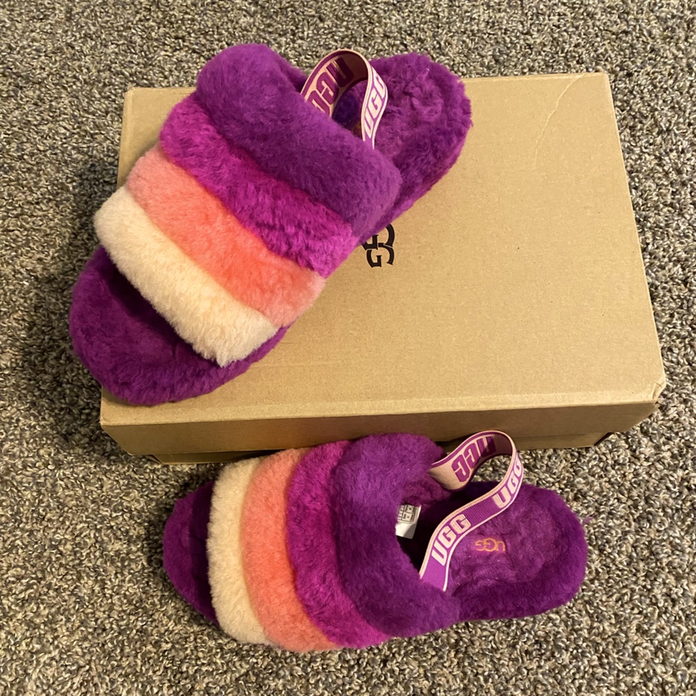 Purple Colorful Fluffy UGG Yeah Slides in US Size 8